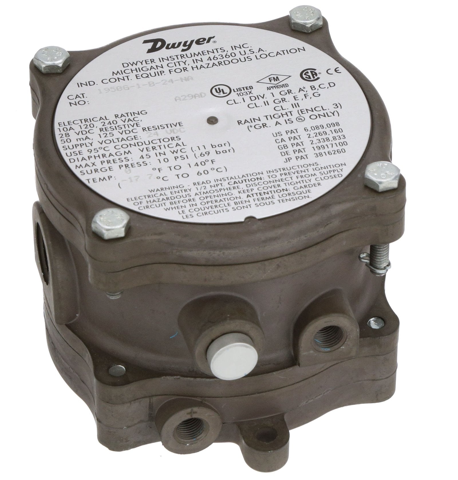 Dwyer Instruments 1950G-1-B-24-NA | Differential Pressure Switch | Explosion Proof | .4-1.6in w.c. | 1950G Series