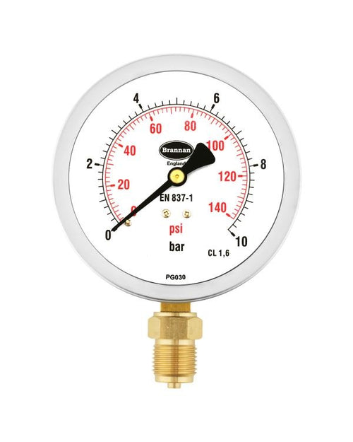 Brannan 37/804/0 | Stainless Fillable Pressure Gauge | 100 mm, 0 to 4 bar, bottom 1/2" BSP, dry, 1.6% - generaltechuae