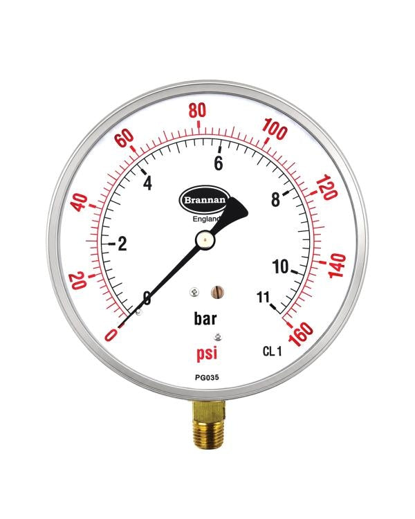 Brannan 35/796/0 | Contractor Pressure Gauge | 115 mm, 0 to 300 psi & bar, 1/4" NPT, plastic window - generaltechuae