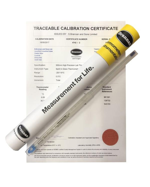 Brannan 50/531/0 | THERMcert Pre-Calibrated Lab Thermometer | 205 mm, -10 to +150 °C, 1.0 °C, 76 mm Partial, 3 Point - generaltechuae