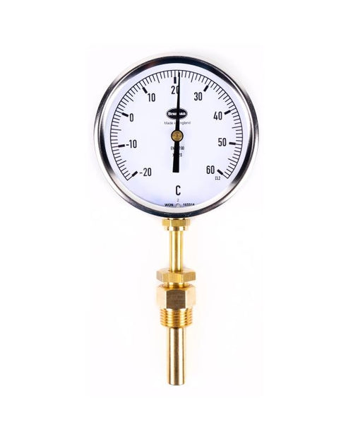 Brannan 97/671/0 | Liquid Expansion Dial Thermometer | 100 mm, Bottom, 200 mm Stem, 150 mm Pocket, 0 to +200 °C, °C/°F - generaltechuae