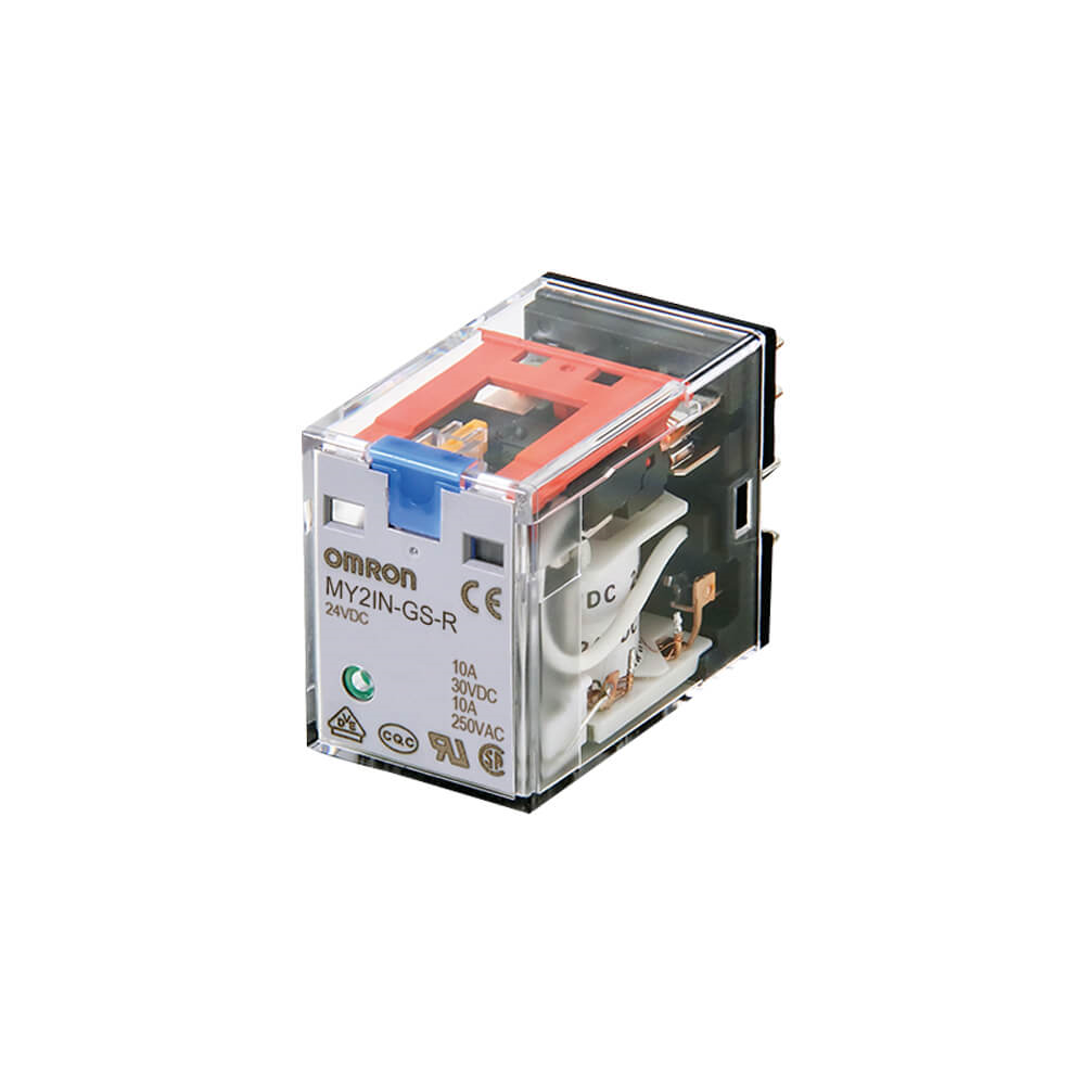 OMRON MY4IN-GS-R DC24 | Relay, plug-in, 14-pin, 4PDT, 6 A, mechanical & LED indicators, lockable push test button, 24 VDC