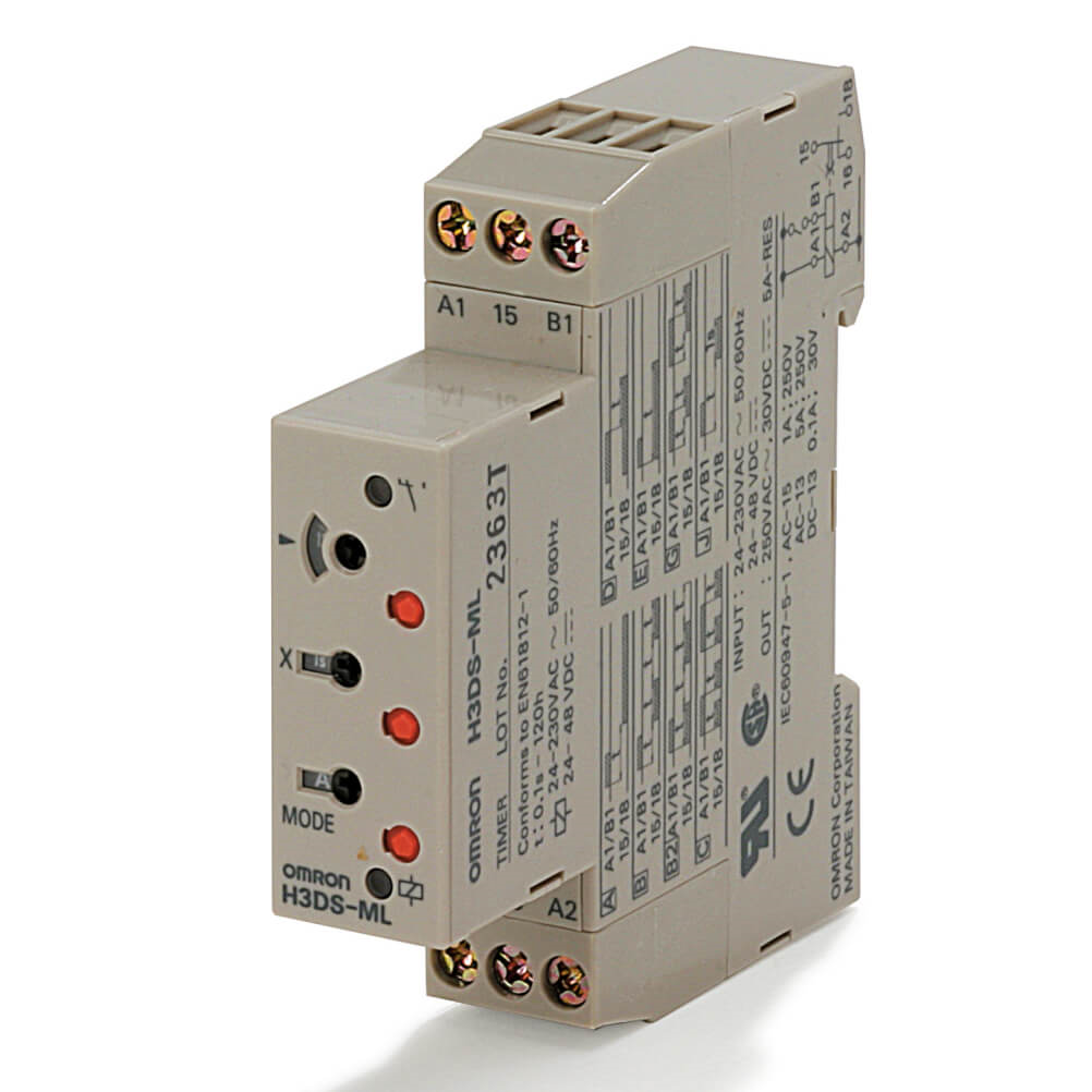 OMRON H3DS-ML AC/DC | Timer, DIN rail mounting, 17.5 mm, 24-230 VAC/24-48 VDC, multifunction, 0.1 s-120 h, SPDT, 5 A, 