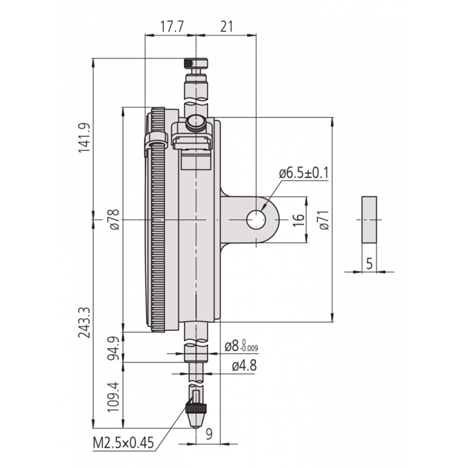 Mitutoyo 3062S-19 Extra Long Stroke Large Diameter Dial Indicator, Range 100mm, Graduation 0.01 mm
